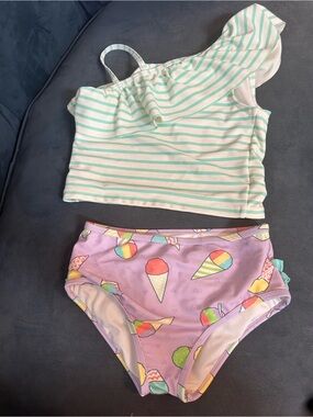 Ruffle Butts Striped One-Shoulder Swim Top & Ice Cream Print Swimsuit